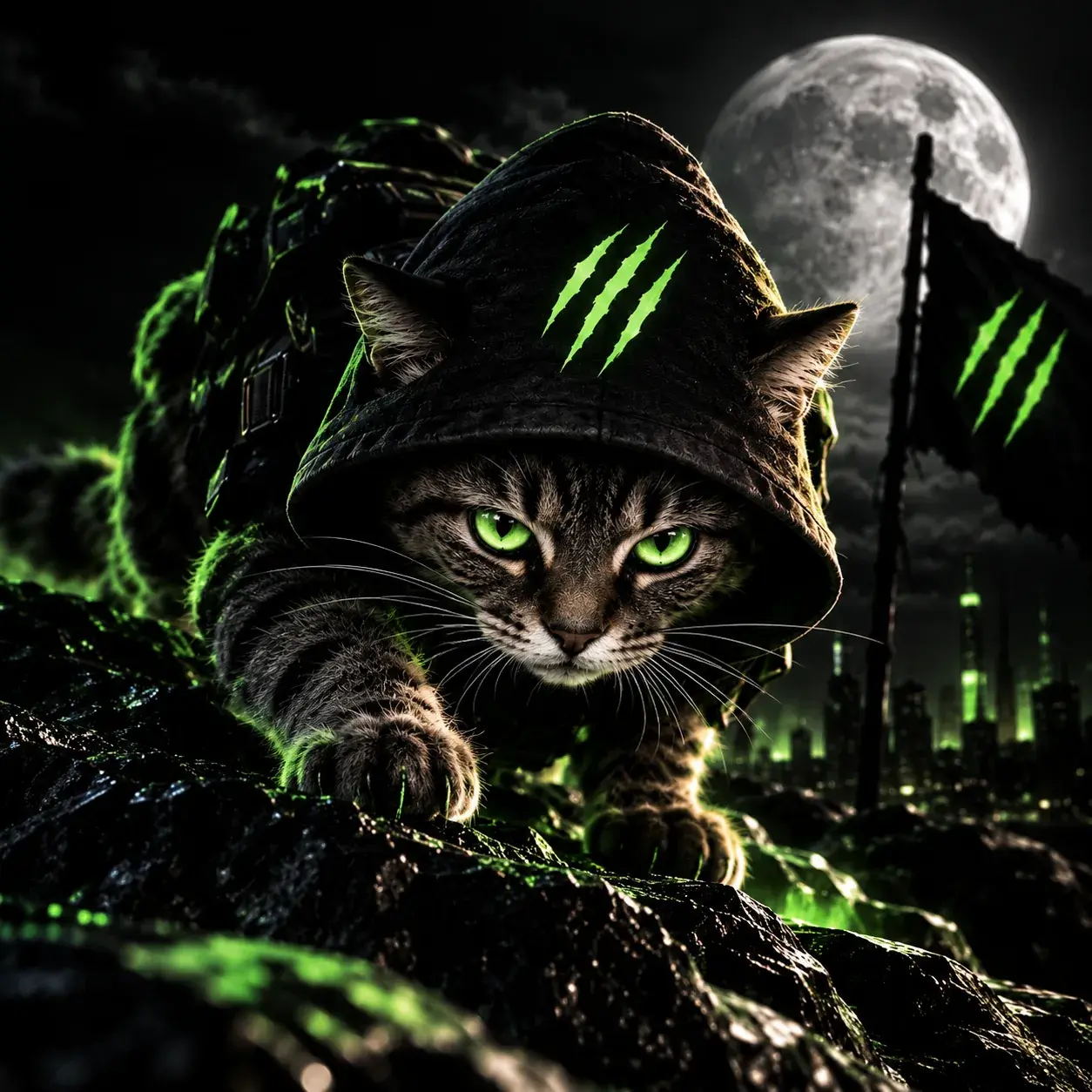 A hooded tabby crouched on black rock under a full moon, green eyes fixed on the viewer.